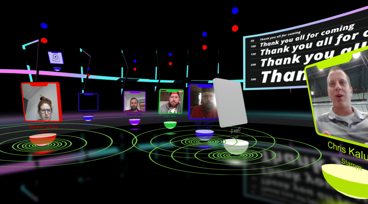Immersive format of a virtual trade show exhibit showing video avatars of attendees and representatives