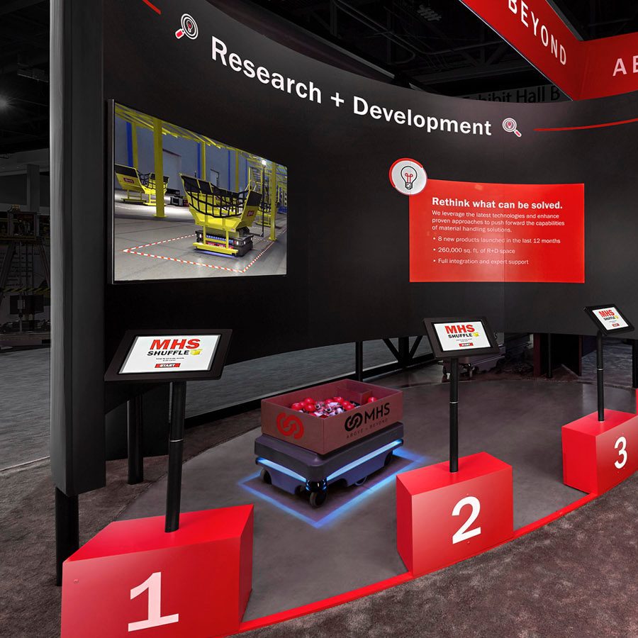 900x900 MHS trade show booth showing the research and development process