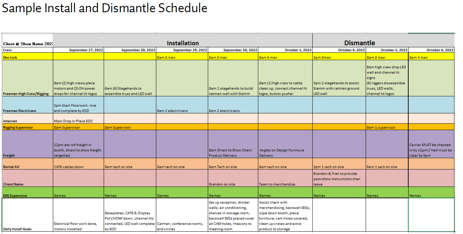 Example trade show booth installation schedule 