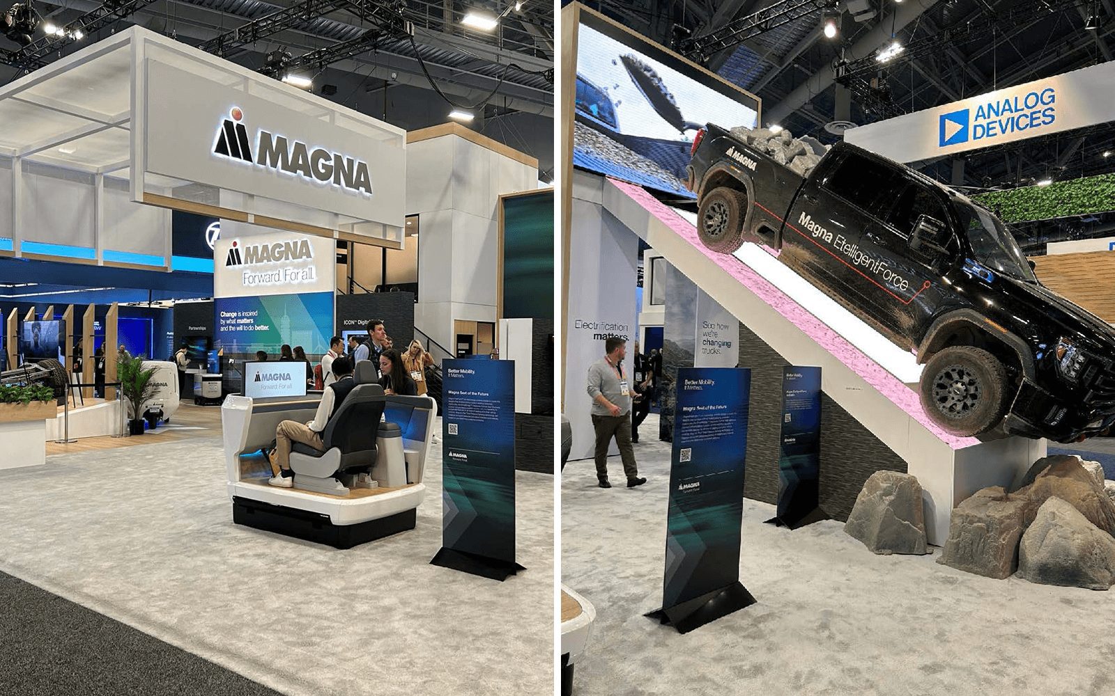Magna's booth featured a huge structure and truck